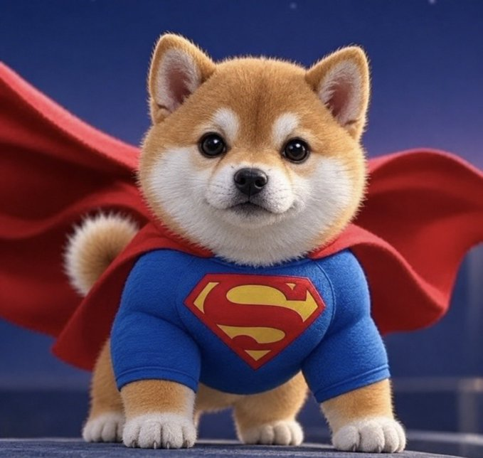 Baby Super Inu, a Shiba Inu in a Superman suit and red cape